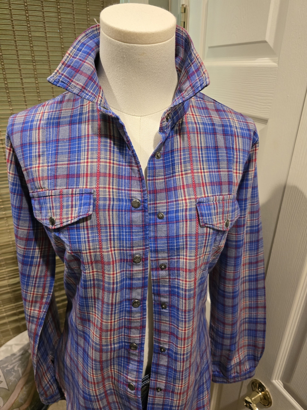 Woolrich Blue Plaid Snap-Front Women's Jacket with Red Accents